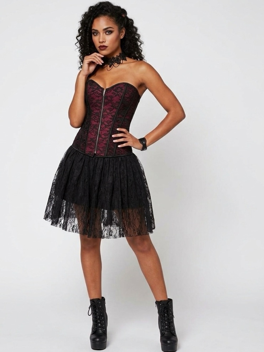 Spirit Halloween Black Red Lace Trim Gothic Corset Top Size L Vampire Costume